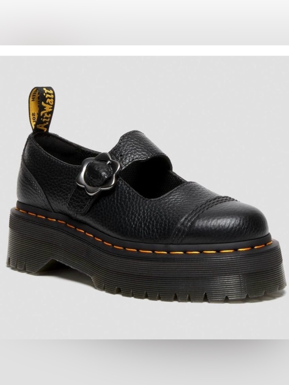 Dr. Martens Black Leather Mary Jane Platform with Yellow Stitching - Picture 2 of 7
